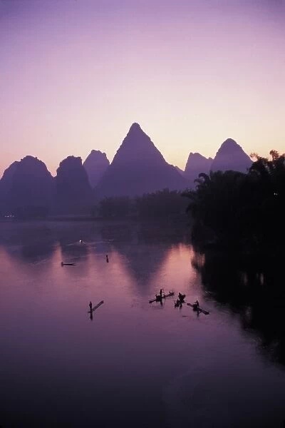Fishing rafts on the Li River at dawn, Guangxi Province, China