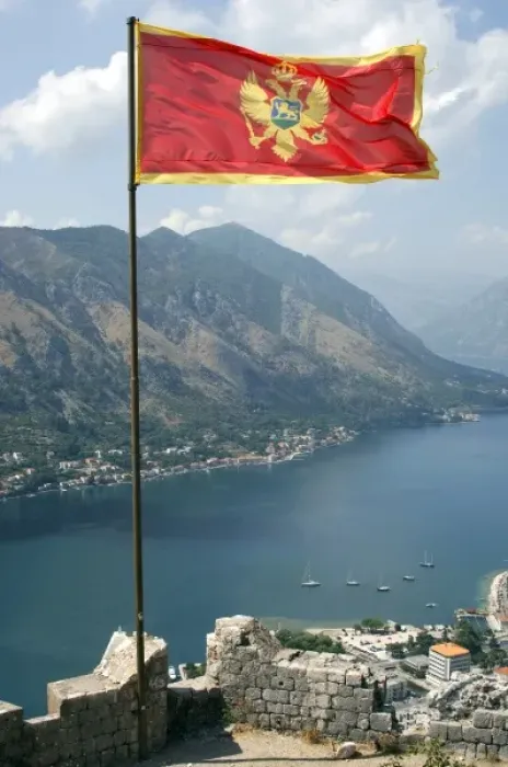 Framed Print : Flag of the Republic of Montenegro with the fjord at the background. Kotor Framed Print : Flag of the Republic of Montenegro with the fjord at the background. Kotor