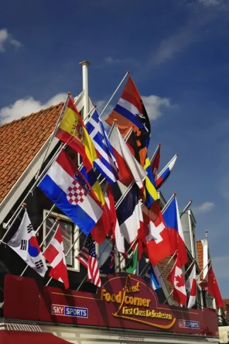 Framed Print : Flags on building, Volendam, Netherlands, Holland Framed Print : Flags on building, Volendam, Netherlands, Holland