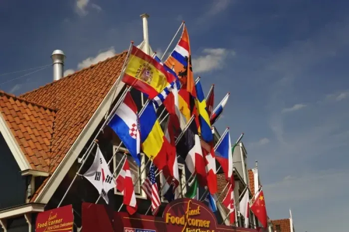 Framed Print : Flags on building, Volendam, Netherlands, Holland Framed Print : Flags on building, Volendam, Netherlands, Holland