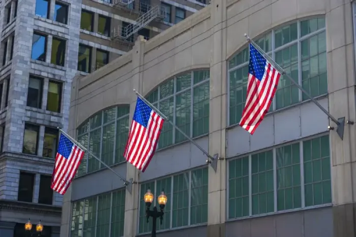 Framed Print : Flags hanging outside an office building in downtown, Chicago, Illinois, USA Framed Print : Flags hanging outside an office building in downtown, Chicago, Illinois, USA