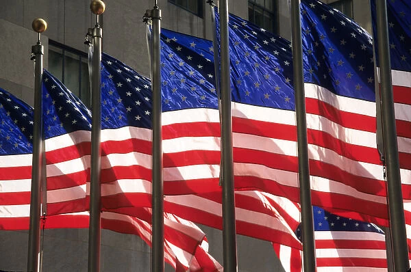 US flags, Rockefeller Plaza, New York, NY, USA