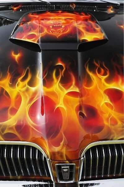 Flames on hood of custom Mercury Cougar, Louisville, Kentucky
