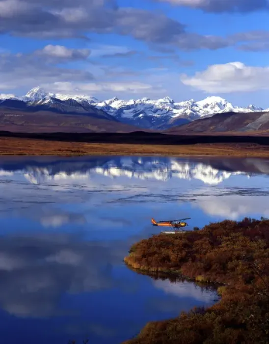 Framed Print : Float plane on lake, Alaska Mountain Range in the distance. Denali Highway, Alaska