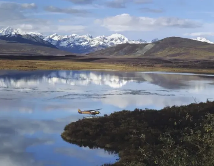 Framed Print : Float Plane on Lake, Denali Highway, Alaska Mountain range in background, Alaska