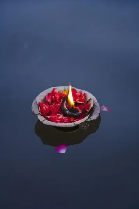 Framed Print : Flower lamp on the Ganges River, Varanasi, India Framed Print : Flower lamp on the Ganges River, Varanasi, India