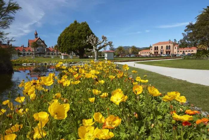 Framed Print : Flowers, Bath House (Rotorua Museum), and Blue Baths, Government Gardens, Rotorua