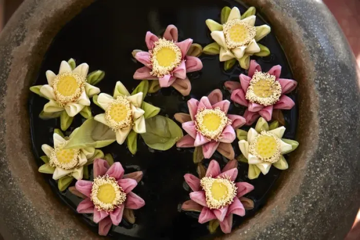 Framed Print : Flowers floating in pot, Okay 1 Villa Hotel, Siem Reap, Cambodia