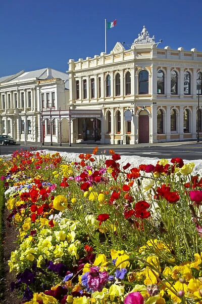 Flowers and historic buildings, Oamaru, North Otago, South Island, New Zealand