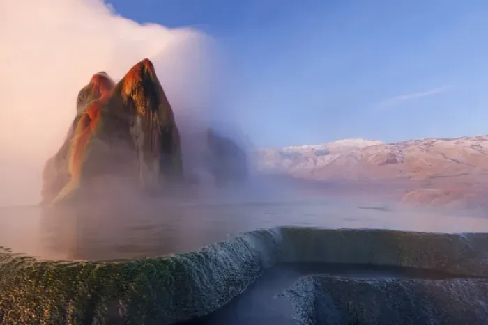 Framed Print : Fly Geyser with snow capped Granite Range in the Black Rock Desert near Gerlach, Nevada Framed Print : Fly Geyser with snow capped Granite Range in the Black Rock Desert near Gerlach, Nevada