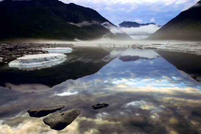 Framed Print : Fog forming in the Kongakut River valley as a storm passes at midnight in the Arctic