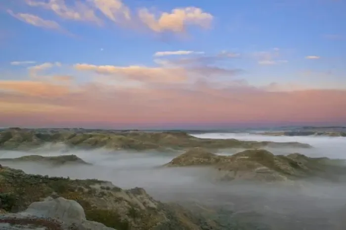 Framed Print : Fog from the Little Missouri River hangs in the badlands of Theodore Roosevelt National