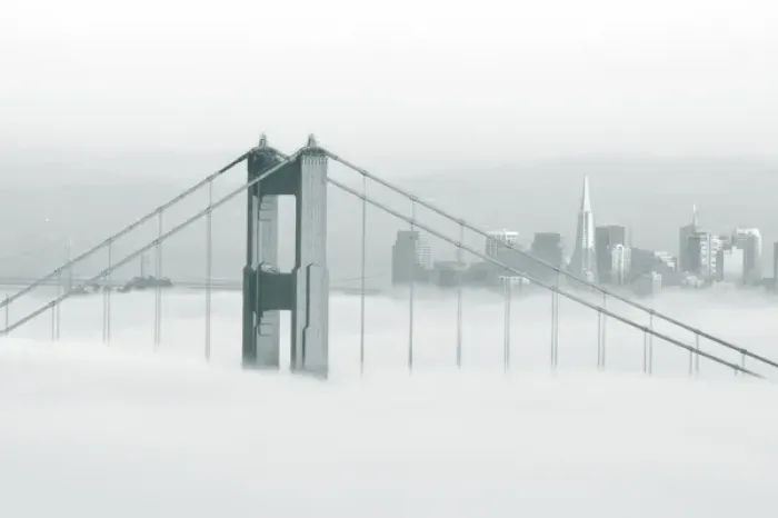 Framed Print : Fog rolls through the San Francisco bay covering the Golden Gate Bridge and city Framed Print : Fog rolls through the San Francisco bay covering the Golden Gate Bridge and city