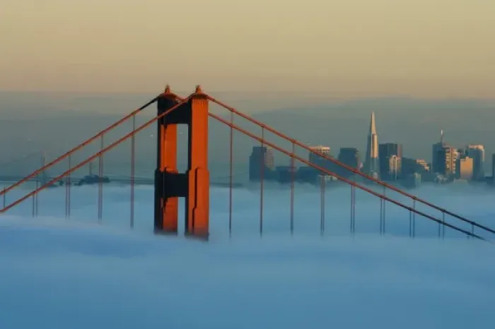 Framed Print : Fog rolls through the San Francisco bay covering the Golden Gate Bridge and city Framed Print : Fog rolls through the San Francisco bay covering the Golden Gate Bridge and city