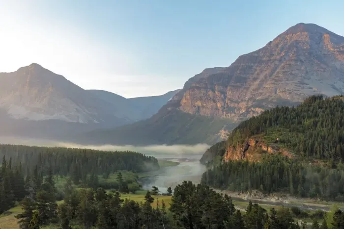 Framed Print : Fog at sunrise along Swift current Creek in Glacier National Park, Montana, USA Framed Print : Fog at sunrise along Swift current Creek in Glacier National Park, Montana, USA