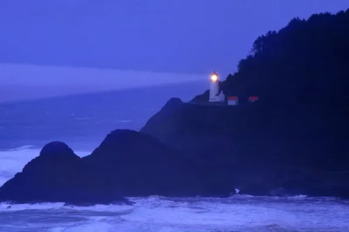 Framed Print : Foggy night on the Oregon Coast at the Haceta Head lighthouse