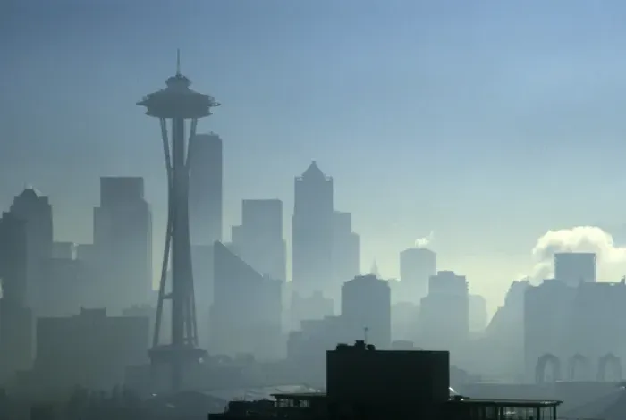 Framed Print : Foggy Skyline with Space Needle, Seattle, Washington, United States, US