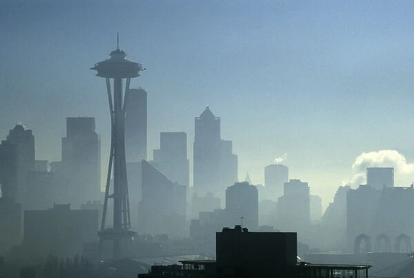 Foggy Skyline with Space Needle, Seattle, Washington, United States, US