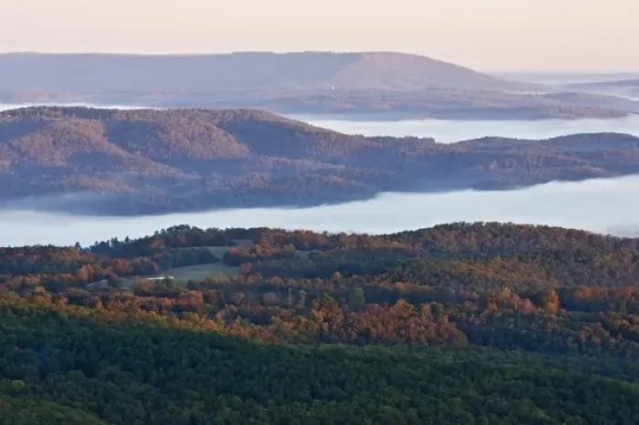 Framed Print : Foggy valleys and fall foliage in Ozark Mountains near Jasper, Arkansas, sunrise, autumn