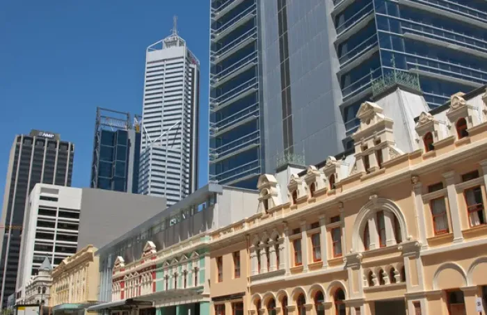Framed Print : Forest Place joining old and new buildings in downtown at Williams Street Perth