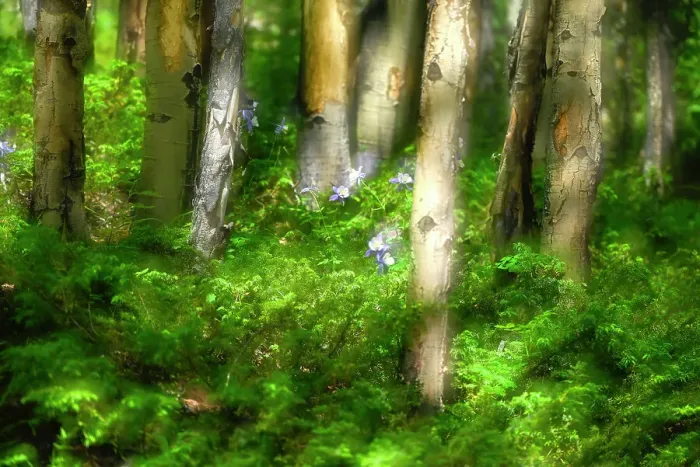 Framed Print : Forest of trees and wildflowers, Creative composite with soft focus