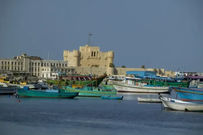 Framed Print : Fort Qu it Bey on the Mediterranean coast of Alexandria Egypt with foreground Framed Print : Fort Qu it Bey on the Mediterranean coast of Alexandria Egypt with foreground