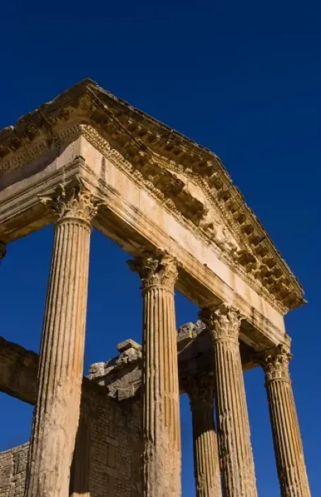 Framed Print : Forum and Capitol Temple in historical 2nd Century Roman ruins in Dougga in Tunisia