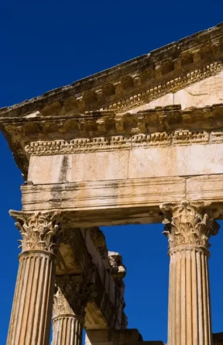 Framed Print : Forum and Capitol Temple in historical 2nd Century Roman ruins in Dougga in Tunisia Framed Print : Forum and Capitol Temple in historical 2nd Century Roman ruins in Dougga in Tunisia