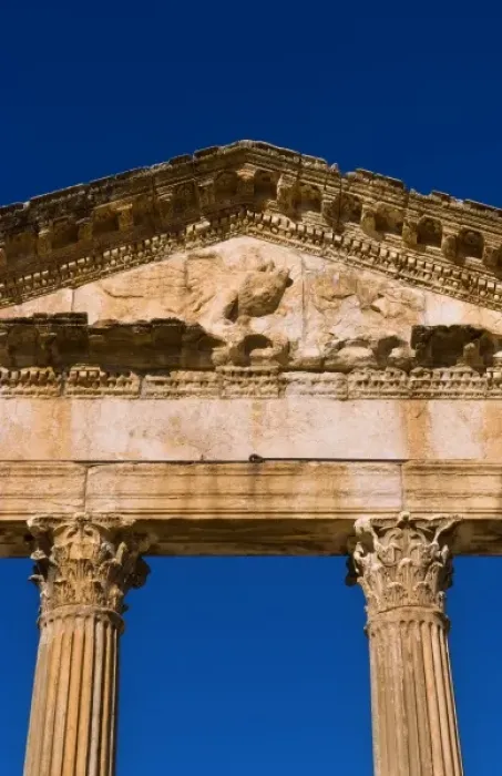 Framed Print : Forum and Capitol Temple in historical 2nd Century Roman ruins in Dougga in Tunisia