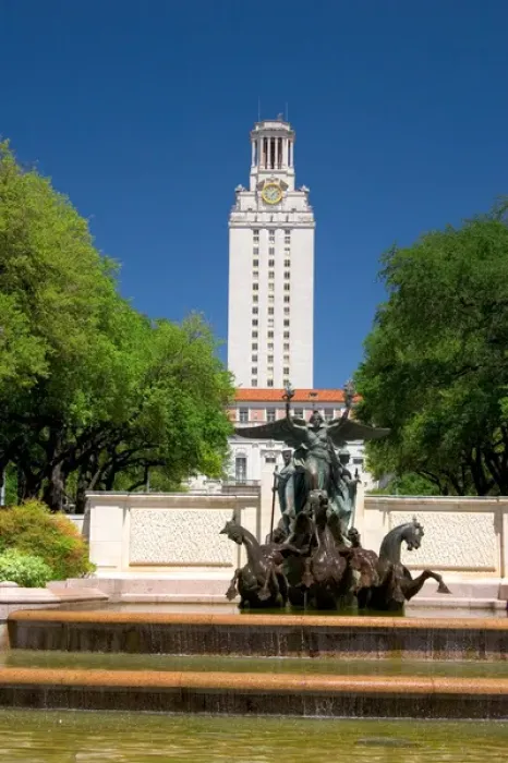 Framed Print : A fountain on the campus of University of Texas in Austin with the clock tower in Framed Print : A fountain on the campus of University of Texas in Austin with the clock tower in
