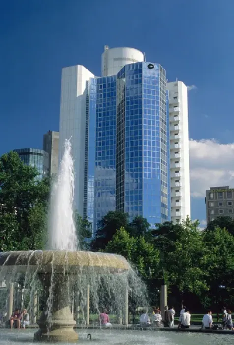 Framed Print : A fountain in front of the Citibank building in Frankfurt, Germany Framed Print : A fountain in front of the Citibank building in Frankfurt, Germany