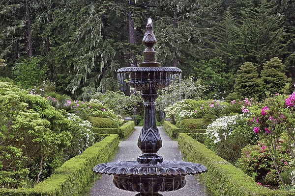 Fountain and in rhododendron garden, Shore Acres State Park, Coos Bay, Oregon