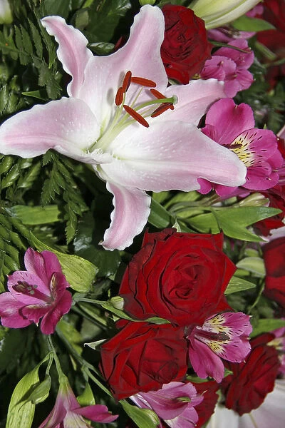 Full frame of flower arrangement including red roses and a Rubrum Lily