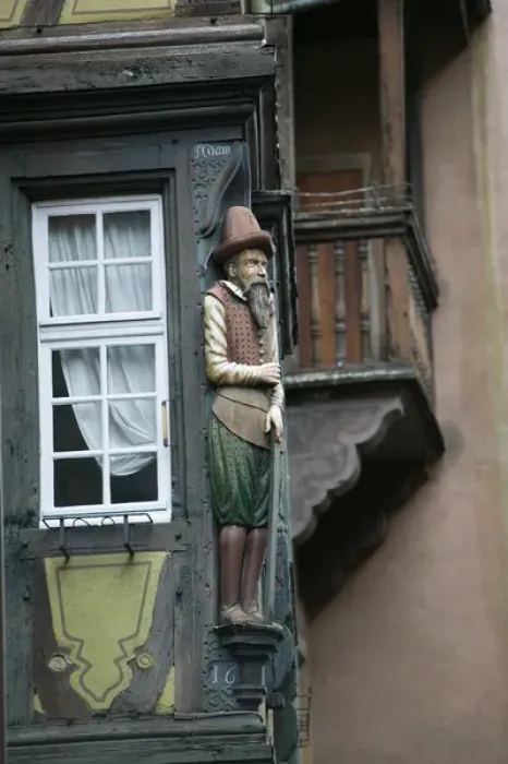 Framed Print : FRANCE-Alsace (Haut Rhin)-Colmar: Figure of Merchant Detail  /  rue des Marchands