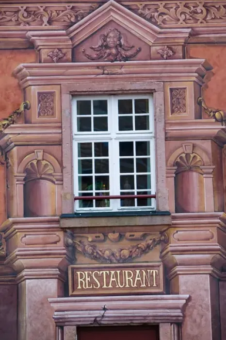 Framed Print : FRANCE-Alsace (Haut Rhin)-Colmar: Detail of Jean Yves Schillinger Restaurant  /  Old Town