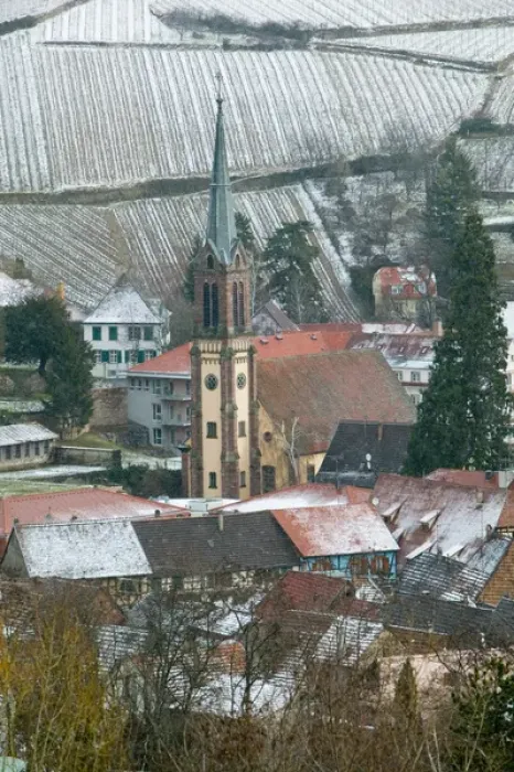Framed Print : FRANCE- Alsace (Haut Rhin)- Ribeauville: Town view of Alsatian Wine Village in Winter