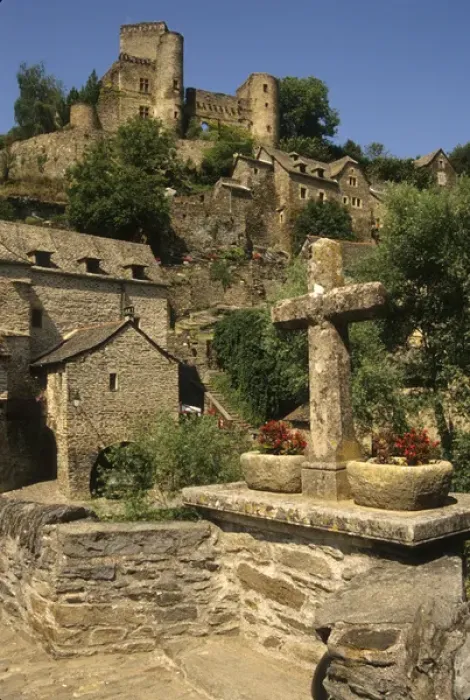 Framed Print : France: Averyon, Belcastel, resting spot and cross in recess of stone bridge of 10th Framed Print : France: Averyon, Belcastel, resting spot and cross in recess of stone bridge of 10th