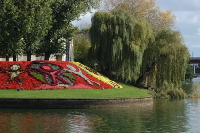Framed Print : 03. France, Burgundy, Chalon-sur-Saone, floral art along Saone river