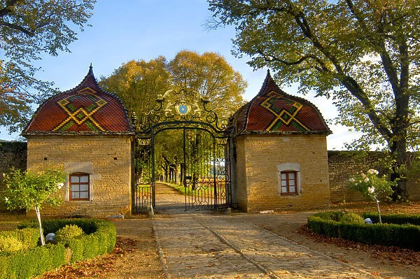 03. France, Burgundy, Maconnais region, Chateau de Pierreclos, gated entrance 