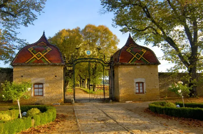 Framed Print : 03. France, Burgundy, Maconnais region, Chateau de Pierreclos, gated entrance Framed Print : 03. France, Burgundy, Maconnais region, Chateau de Pierreclos, gated entrance