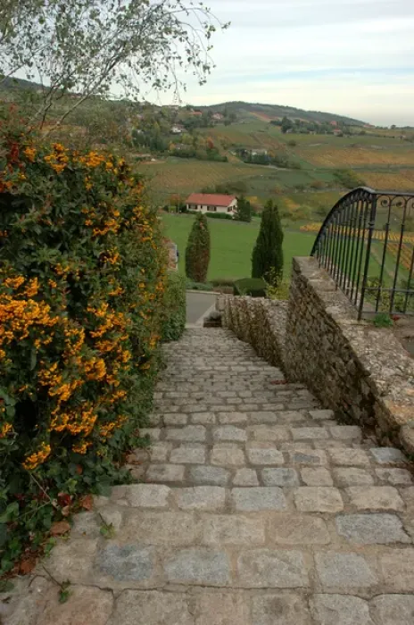 Framed Print : 03. France, Burgundy, Oingt, view of countryside from stone steps (Editorial Usage Only) Framed Print : 03. France, Burgundy, Oingt, view of countryside from stone steps (Editorial Usage Only)