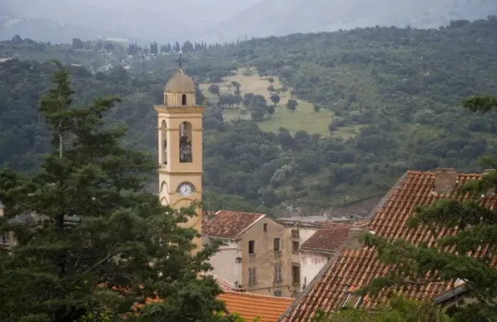 Framed Print : France, Corsica. Church steeple in Corte Framed Print : France, Corsica. Church steeple in Corte