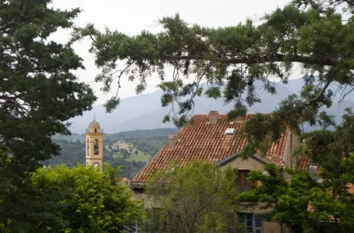 Framed Print : France, Corsica. Church steeple in Corte