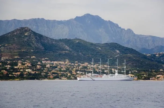Framed Print : France, Corsica. Cruise ship at anchor off the coast at Ile Rouse