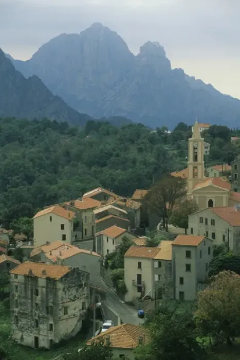 Framed Print : France, Corsica, Evisa mountain village, W. Coast