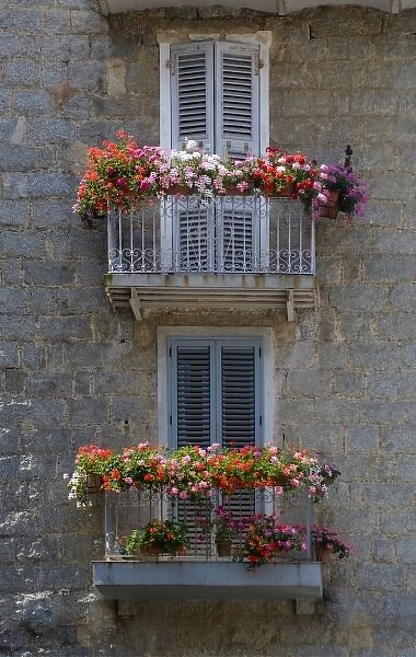 France, Corsica. Flower boxes on window balconies. House in Sartene