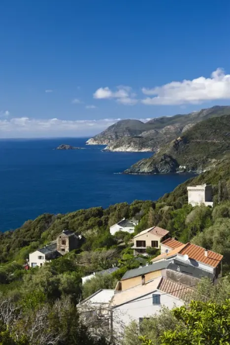 Framed Print : France, Corsica, Haute-Corse Department, Le Cap Corse, Pino, elevated town view Framed Print : France, Corsica, Haute-Corse Department, Le Cap Corse, Pino, elevated town view