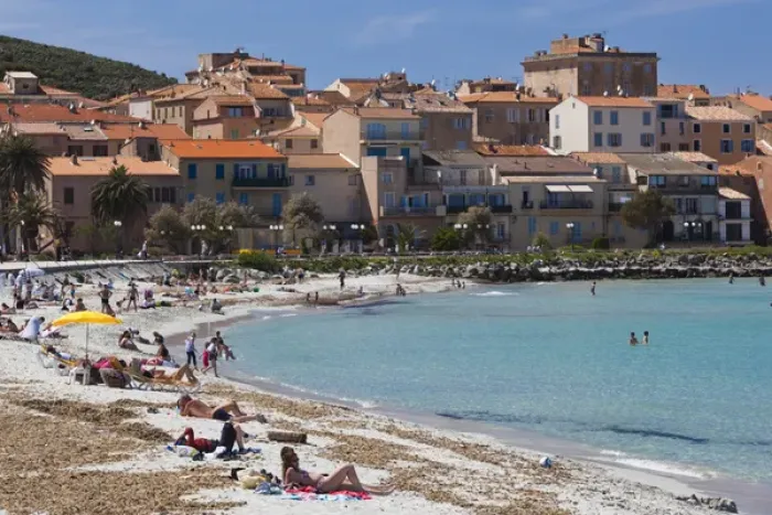 Framed Print : France, Corsica, Haute-Corse Department, La Balagne Region, Ile Rousse, town beach Framed Print : France, Corsica, Haute-Corse Department, La Balagne Region, Ile Rousse, town beach