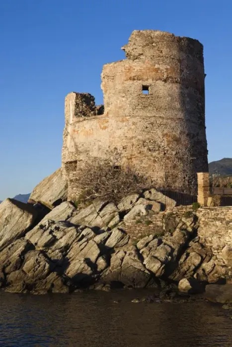Framed Print : France, Corsica, Haute-Corse Department, Le Cap Corse, Erbalunga, Genoese Tower, dawn