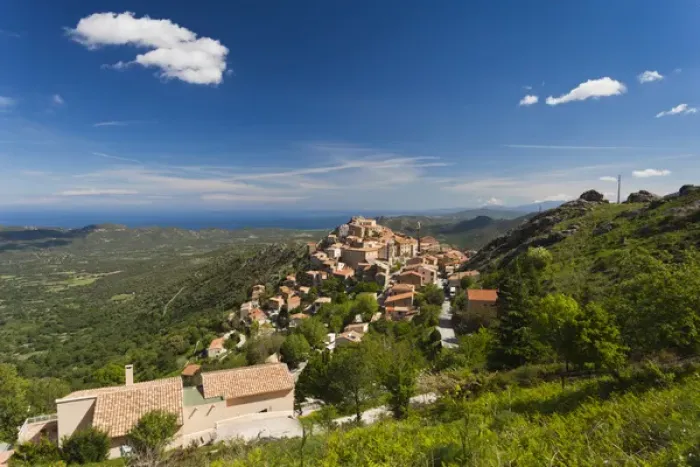 Framed Print : France, Corsica, Haute-Corse Department, La Balagne Region, Speloncato, elevated Framed Print : France, Corsica, Haute-Corse Department, La Balagne Region, Speloncato, elevated